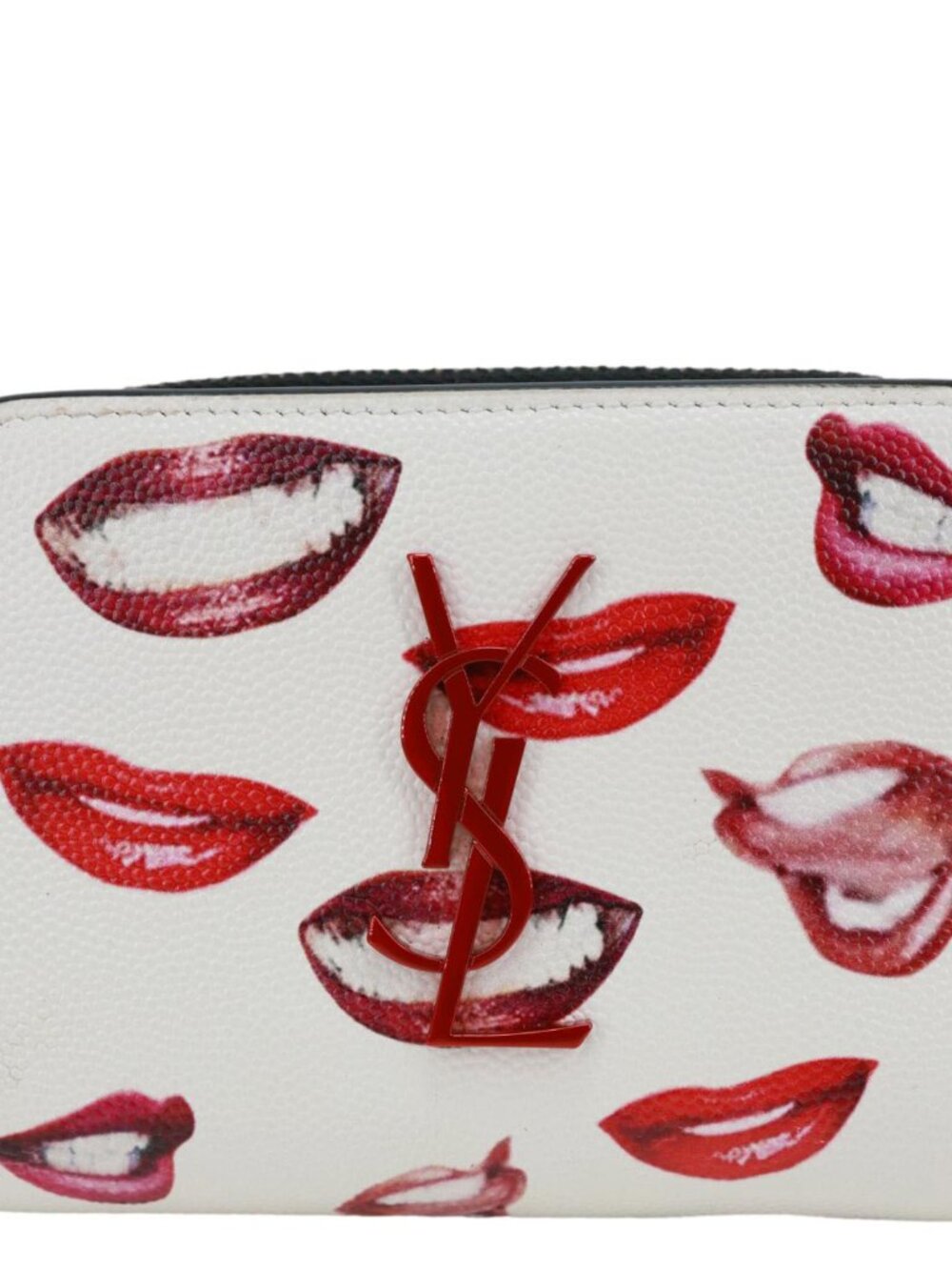 Yves Saint Laurent  Lip Print Grained Calfskin Leather Wallet White